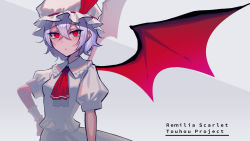 Rule 34 | 1girl, :/, arm at side, ascot, bad id, bad pixiv id, blue hair, blush, character name, closed mouth, collared shirt, copyright name, demon wings, eit (ikeuchi), frilled shirt collar, frills, hair between eyes, hand on own hip, hat, hat ribbon, looking at viewer, mob cap, puffy short sleeves, puffy sleeves, red ascot, red eyes, red ribbon, red wings, remilia scarlet, ribbon, shirt, short hair, short sleeves, skirt, skirt set, solo, touhou, upper body, white hat, white shirt, white skirt, wings, wrist cuffs