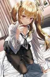 Rule 34 | 1girl, bed, bed sheet, black bow, black pantyhose, black ribbon, black skirt, bow, breasts, brown eyes, brown hair, cleavage, collarbone, curtains, dress shirt, framed, girls&#039; frontline, hair bow, hair ornament, hairclip, highres, indoors, long hair, long sleeves, looking at viewer, medium breasts, neck ribbon, on bed, pantyhose, photo (object), picture frame, pillow, pleated skirt, ribbon, scar, scar across eye, scar on face, shirt, silence girl, skirt, smile, solo, twintails, ump9 (girls&#039; frontline), white shirt