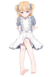 Rule 34 | 1girl, arm support, barefoot, blonde hair, blue bow, blue eyes, bow, closed mouth, emilico (shadows house), female focus, foreshortening, full body, hair bow, highres, kamenozoki momomo, legs, long hair, looking at viewer, shadows house, short sleeves, simple background, sitting, skirt, smile, soles, solo, toes, white background, white skirt