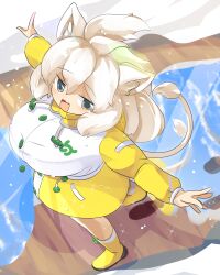 Rule 34 | 1girl, after rain, ahoge, animal ear fluff, animal ears, blush, boots, breasts, commentary request, full body, grey eyes, highres, huge breasts, japari symbol, kemono friends, kemono friends 3, lets0020, lion ears, lion girl, lion tail, long hair, medium bangs, open mouth, outstretched arms, path, puddle, raglan sleeves, road, rubber boots, shirt, skirt, smile, snow, solo, spread arms, tail, walking, water, white hair, white lion (kemono friends), white shirt, yellow footwear, yellow skirt, yellow sleeves