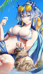 Rule 34 | 1girl, arknights, bad id, bad pixiv id, bikini, blue bikini, blue eyes, blue hair, blue nails, blue ribbon, blue sky, blush, braid, breasts, cleavage, cup, day, dragon horns, earrings, eyewear on head, fingernails, flower knot, front-tie bikini top, front-tie top, gourd, holding, holding cup, horns, jewelry, large breasts, leaning back, ling (arknights), long fingernails, long hair, looking at viewer, multicolored hair, nail polish, navel, outdoors, parted lips, pointy ears, ribbon, round eyewear, sarong, sitting, sky, smile, solo, streaked hair, sunglasses, swimsuit, tassel, tinted eyewear, twitter username, two-tone bikini, two-tone hair, very long hair, white bikini, white hair, yellow-tinted eyewear, yokaze (yokajie)