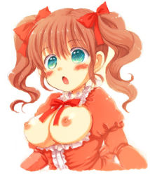 Rule 34 | 1girl, :o, bad id, bad pixiv id, blush, breastless clothes, breasts, brown hair, center opening, framed breasts, green eyes, nipples, ogawa hidari, original, solo, twintails, upper body