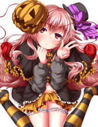 Rule 34 | 1girl, alternate costume, black shirt, blush, bow, capelet, closed mouth, expressionless, frills, hair between eyes, halloween costume, hat, hat bow, hata no kokoro, highres, jack-o&#039;-lantern, long hair, long sleeves, looking away, mask, mask on head, navel, pink hair, puffy long sleeves, puffy sleeves, purple bow, red eyes, shirt, sitting, skirt, solo, stomach, striped clothes, striped legwear, striped thighhighs, thigh strap, thighhighs, top hat, touhou, v, very long hair, wariza, white background, yellow skirt, zan (harukahime)
