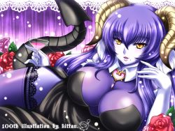 Rule 34 | 1girl, alcohol, artist name, black dress, blue hair, blue skin, breasts, cleavage, colored skin, cup, demon girl, demon horns, demon tail, dress, drinking glass, elbow gloves, covered erect nipples, female focus, flower, glass, gloves, horns, kitsutan, kittan (cve27426), lace, lace-trimmed legwear, lace trim, large breasts, lingerie, long hair, looking at viewer, lying, martini, mole, mole under mouth, on side, original, purple hair, rose, solo, demon girl, tail, thighhighs, underwear, white gloves, wine, wine glass, yellow eyes