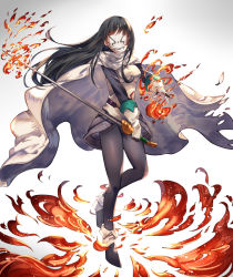 Rule 34 | 1girl, action, black footwear, black hair, black legwear, black sleeves, breasts, cape, female focus, fire, flaming sword, flaming weapon, full body, gloves, grey background, holding, holding sword, holding weapon, izawa shizue, long hair, long sword, looking at viewer, magic, mask, medium breasts, pyrokinesis, solo, solo focus, standing, sword, tensei shitara slime datta ken, weapon, white cape, white gloves, white mask
