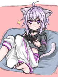Rule 34 | 1girl, :3, ahoge, animal ears, asymmetrical pants, bare shoulders, black hoodie, blush, brown background, cat ears, cat girl, cat tail, closed mouth, commentary request, crop top, hair between eyes, handheld game console, highres, holding, holding handheld game console, hololive, hood, hood down, hoodie, knees up, looking at viewer, midriff, nekomata okayu, nekomata okayu (1st costume), pants, pillow, purple eyes, purple hair, shounan no tamasu, signature, sitting, sketch, soles, solo, sparkle, tail, virtual youtuber, white pants