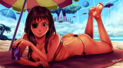 Rule 34 | 1girl, ass, bandages, barefoot, beach umbrella, bikini, black hair, breasts, brown eyes, cleavage, commentary, eyepatch, feet, female focus, highres, large breasts, legs up, looking at viewer, lying, mole, mole under eye, on stomach, original, ryu shou, side-tie bikini bottom, soles, solo, swimsuit, the chronicle of black phoenix, the pose, thong, umbrella, yan zhi ying