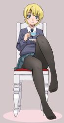 Rule 34 | 10s, 1girl, black necktie, black pantyhose, blonde hair, blue eyes, blue skirt, blue sweater, braid, chair, closed mouth, commentary, cup, darjeeling (girls und panzer), dress shirt, full body, girls und panzer, grey background, holding, leg up, long sleeves, looking at viewer, miniskirt, necktie, no shoes, pantyhose, pleated skirt, saucer, school uniform, shirt, short hair, sitting, skirt, smile, solo, st. gloriana&#039;s school uniform, sweater, teacup, thighs, twin braids, uona telepin, v-neck, white shirt