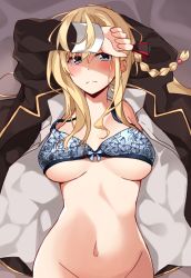 Rule 34 | 1girl, absurdres, arm up, bed sheet, black bow, black jacket, blonde hair, blue bra, blue eyes, blush, bow, bow bra, bra, braid, breasts, closed mouth, collared shirt, commentary request, groin, hair bow, high school fleet, highres, jacket, kapatarou, large breasts, long hair, long sleeves, lying, navel, nose blush, on back, open clothes, open jacket, open shirt, shirt, side braid, single braid, solo, underwear, white shirt, wilhelmina braunschweig ingenohl friedeburg