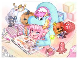 Rule 34 | 1girl, animal costume, blue eyes, candy, crayon, crown, discat, doll, dragon costume, drawing, fang, fate/grand order, fate (series), food, hat, holding, holding crayon, jack-o&#039;-lantern, kumonryuu eliza (fate), lying, on stomach, onesie, pink hair, pointy ears, sketchbook, tail, wizard hat