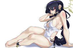 1girl anklet bare_legs bare_shoulders barefoot black_choker black_hair blue_archive blush braid braided_ponytail breasts choker cleavage covered_navel earrings eyes_visible_through_hair feet hair_over_eyes halo hand_in_own_hair hinata_(blue_archive) hinata_(swimsuit)_(blue_archive) jewelry large_breasts long_hair looking_to_the_side official_alternate_costume sitting solo swimsuit thighs watson_yang white_background yellow_halo