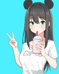 Rule 34 | 1girl, animal ears, black hair, blue background, blush, cup, disposable cup, drinking, drinking straw, earrings, eyebrows hidden by hair, fake animal ears, green eyes, haseneko, highres, holding, holding cup, idolmaster, idolmaster cinderella girls, jewelry, long hair, looking at viewer, shibuya rin, shirt, short sleeves, simple background, solo, upper body, v, white shirt