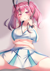 Rule 34 | 1girl, azur lane, bare shoulders, breasts, bremerton (azur lane), bremerton (scorching-hot training) (azur lane), cleavage, crop top, crop top overhang, hair ornament, hairclip, hand up, highres, jewelry, large breasts, long hair, looking at viewer, midriff, miniskirt, multicolored hair, navel, necklace, open mouth, pink eyes, pink hair, pinky out, pleated skirt, shirt, sitting, skirt, sleeveless, sleeveless shirt, solo, sportswear, spread legs, streaked hair, sweat, sweatband, tennis uniform, thighs, twintails, underboob, white shirt, white skirt, x hair ornament, yuano