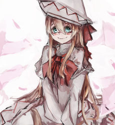 Rule 34 | 1girl, aqua eyes, bags under eyes, blonde hair, blush, bow, bowtie, capelet, closed mouth, commentary request, cowboy shot, dress, hair between eyes, hat, hat bow, higasa rin, highres, lily white, long hair, long sleeves, looking at viewer, pink background, red bow, red bowtie, sanpaku, sketch, sleeves past fingers, sleeves past wrists, smile, solo, touhou, v arms, very long hair, white capelet, white dress, white hat