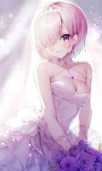 Rule 34 | 1girl, absurdres, alternate costume, bad id, bad pixiv id, bare shoulders, blush, bouquet, breasts, bride, cleavage, crown, dress, earrings, elbow gloves, fate/grand order, fate (series), flower, gloves, hair over one eye, highres, holding, holding bouquet, jewelry, large breasts, looking at viewer, mash kyrielight, open mouth, pink hair, pink wedding dress, purple eyes, short hair, simple background, smile, solo, tiara, wedding, wedding dress