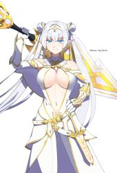 Rule 34 | 1girl, absurdres, arm guards, bare shoulders, blue eyes, breasts, britomart (fate), britomart (second ascension) (fate), capelet, center opening, cleavage, collarbone, dagger, double bun, dress, elbow gloves, fate/grand order, fate (series), gloves, gold trim, hair bun, hairband, hand on own hip, highres, house tag denim, knife, large breasts, long hair, looking at viewer, navel, pants, pointy ears, smile, solo, straight-on, sword, taut clothes, taut dress, thighs, tight clothes, tight pants, twintails, very long hair, weapon, white capelet, white dress, white gloves, white hair, white pants