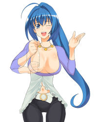 Rule 34 | 00s, 1girl, a1 (initial-g), blue hair, breasts, cleavage, hayase mitsuki, kimi ga nozomu eien, large breasts, long hair, navel, one eye closed, sexually suggestive, solo, wink