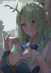 Rule 34 | 1girl, antlers, braid, branch, breasts, ceres fauna, cleavage, clothes lift, earrings, green hair, highres, hololive, hololive english, horns, jewelry, kumagapaniti, large breasts, leaf, looking down, medium hair, outdoors, shade, shadow, sunlight, virtual youtuber, wavy hair, wiping sweat, yellow eyes