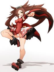 Rule 34 | 1girl, absurdres, armpits, bare shoulders, boots, breasts, brown eyes, brown hair, cameltoe, china dress, chinese clothes, detached sleeves, dress, covered erect nipples, full body, guilty gear, hair ornament, highres, karukan (monjya), kuradoberi jam, long hair, looking at viewer, medium breasts, open mouth, panties, skirt, smile, solo, standing, underwear, very long hair