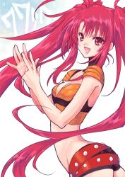 Rule 34 | 1girl, belt, gradient background, jako (toyprn), midriff, nanaly fletch, red eyes, red hair, short shorts, shorts, solo, tales of (series), tales of destiny 2, twintails