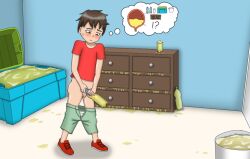 Rule 34 | brown hair, green pants, hyperpiss, pants, papergami, peeing, penis, red shirt, room, shirt, standing pee
