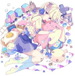 Rule 34 | 1girl, blonde hair, blue skirt, blush, bottle, bread slice, cartoon bone, closed mouth, commentary, crayon, doughnut, food, fried egg, fried egg on toast, full body, headphones, headphones around neck, heart, highres, kneehighs, knife, long hair, looking at viewer, mushroom, original, pennant, pill, playstation symbols, pleated skirt, polka dot, purple eyes, railroad tracks, shirt, short sleeves, simple background, skirt, skull, socks, solo, star (symbol), stitched mouth, stitches, string, string of fate, stuffed animal, stuffed rabbit, stuffed reindeer, stuffed toy, symbol-only commentary, tamagotchi, toast, toy train, tsukiyo (skymint), ufo, white background, white shirt, white socks, wrist cuffs