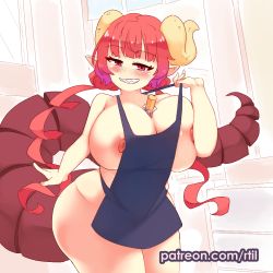 Rule 34 | 1girl, apron, between breasts, blue apron, blush, breasts, commentary, curly hair, dragon girl, dragon tail, english commentary, grin, horns, huge breasts, ilulu (maidragon), kobayashi-san chi no maidragon, long hair, looking at viewer, low twintails, naked apron, nipples, pointy ears, red eyes, red hair, rtil, sharp teeth, shortstack, smile, solo, tail, teeth, twintails, very long hair