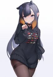 Rule 34 | 1girl, black pantyhose, black sweater, blue eyes, blunt bangs, breasts, choker, dress, highres, hololive, hololive english, koahri, long hair, long sleeves, looking at viewer, medium breasts, mole, mole under eye, multicolored hair, ninomae ina&#039;nis, orange hair, pantyhose, pointy ears, purple hair, simple background, smile, solo, sweater, sweater dress, tentacle hair, thighband pantyhose, very long hair, virtual youtuber, white background