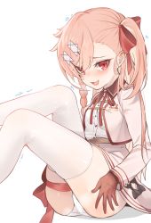 Rule 34 | 1girl, blush, braid, buttons, collared shirt, commentary request, girls&#039; frontline, gloves, hair between eyes, hair ribbon, hand on own ass, hexagram, highres, jingo, korean commentary, leg ribbon, long hair, long sleeves, neck ribbon, negev (girls&#039; frontline), open mouth, panties, pantyshot, pink hair, red eyes, red gloves, ribbon, shirt, side ponytail, simple background, sitting, skindentation, skirt, smile, solo, star of david, tearing up, thighhighs, thighs, trembling, underwear, wavy mouth, white background, white thighhighs, zettai ryouiki