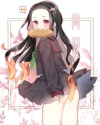 Rule 34 | 1girl, ass, black hair, blush, bread, brown hair, brown sailor collar, brown serafuku, brown shirt, brown skirt, chihiro (khorosho), commentary request, contemporary, floral background, food, forehead, from side, hair ribbon, highres, kamado nezuko, kimetsu no yaiba, long sleeves, mouth hold, multicolored hair, no panties, parted bangs, pink ribbon, pleated skirt, red eyes, ribbon, sailor collar, school uniform, serafuku, shirt, skirt, sleeves past wrists, solo, translation request, two-tone hair