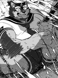 Rule 34 | 1boy, anchor symbol, animal ears, bara, black claws, black shorts, claws, commentary request, dated, dog boy, dog ears, fangs, fishing rod, furry, furry male, gem, greyscale, hat, highres, holding, holding fishing rod, jewelry, live a hero, male focus, masapeko, monochrome, necklace, necktie, open mouth, pubraseer (live a hero), sailor collar, sailor hat, sailor shirt, shirt, shorts, surprised, sweatdrop, tongue, tongue out, twitter username