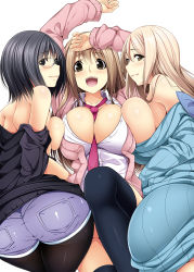 Rule 34 | 3girls, arms up, ass, asymmetrical docking, bare shoulders, black hair, black legwear, blonde hair, breast press, breasts, brown eyes, brown hair, denim, from behind, glasses, huge ass, jean, kazumu, large breasts, pantyhose under shorts, looking at viewer, looking back, mole, mole under eye, multiple girls, open clothes, open shirt, original, pantyhose, ribbed sweater, sandwiched, shirt, shorts, simple background, sweater, undressing, wide hips