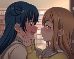 Rule 34 | 10s, 2girls, @ @, blue hair, blush, brown eyes, brown hair, commentary request, face-to-face, flustered, hair bun, hands on another&#039;s cheeks, hands on another&#039;s face, hoshino ouka, imminent kiss, kunikida hanamaru, long hair, looking at another, love live!, love live! sunshine!!, multiple girls, open mouth, profile, purple eyes, school uniform, serafuku, single hair bun, sweat, tsushima yoshiko, yuri