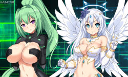 Rule 34 | 2girls, armlet, artist name, black gloves, black heart (neptunia), blue eyes, breasts, choujigen game neptune, cleavage, closed mouth, detached collar, elbow gloves, feathered wings, flower, four goddesses online: cyber dimension neptune, gloves, green hair, green heart (neptunia), hair flaps, hair flower, hair ornament, halo, hands on own chest, high ponytail, kainkout, large breasts, long hair, looking at viewer, medium breasts, multiple girls, navel, neptune (series), noire (neptunia), purple eyes, revealing clothes, smile, upper body, vert (neptunia), very long hair, white gloves, white hair, white wings, wings