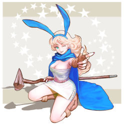 Rule 34 | 1girl, animal ears, bad id, bad pixiv id, blonde hair, boots, breasts, cape, cleavage, dragon quest, dragon quest iii, dress, finger gun, fingerless gloves, gloves, green eyes, jester (dq3), kneeling, long hair, okojo, one eye closed, pointing, rabbit ears, sage (dq3), solo, square enix, squatting, staff, strapless, strapless dress, tube dress, wink