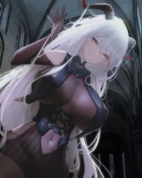 Rule 34 | 1girl, absurdres, aegir (azur lane), azur lane, bare shoulders, bbolalus, black cape, bodystocking, breast curtains, breasts, cape, cathedral, clothing cutout, demon horns, dutch angle, highres, horns, indoors, large breasts, long hair, multicolored hair, navel cutout, streaked hair, very long hair, white hair, world of warships, yellow eyes