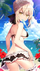 Rule 34 | 1girl, apron, artoria pendragon (all), artoria pendragon (alter swimsuit rider) (fate), artoria pendragon (alter swimsuit rider) (second ascension) (fate), artoria pendragon (fate), ass, bad id, bad pixiv id, bare arms, bare back, beach, bikini, black bikini, blonde hair, blue sky, braid, breasts, bridal garter, cloud, contrapposto, cowboy shot, day, eating, fate/grand order, fate (series), flower, food, french braid, frilled bikini, frilled skirt, frills, from behind, hair ribbon, hibiscus, horizon, lace, lace-trimmed bikini, lace trim, lens flare, looking at viewer, looking back, maid headdress, medium breasts, mouth hold, ocean, outdoors, palm tree, petals, popsicle, ribbon, rin yuu, saber alter, short hair, sideboob, sidelocks, signature, skirt, sky, solo, standing, summer, swimsuit, tree, water, yellow eyes
