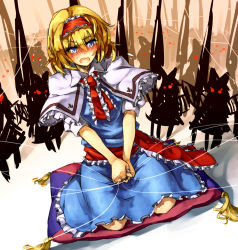 Rule 34 | 1girl, alice margatroid, blonde hair, blue eyes, blush, capelet, doll, female focus, frills, glowing, glowing eyes, hairband, highres, kneeling, lance, melon22, open mouth, pillow, polearm, puppet rings, puppet strings, red eyes, ring, sash, shanghai doll, short hair, short sleeves, solo, string, touhou, weapon
