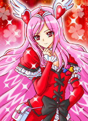 Rule 34 | 1girl, bow, closed mouth, clover, cure passion, curepunk, detached sleeves, diamond hair ornament, dress, four-leaf clover, fresh precure!, frilled sleeves, frills, hair ornament, hand on own face, heart, heart hair ornament, higashi setsuna, highres, long hair, looking down, magical girl, pink hair, precure, red background, red dress, red eyes, tiara, very long hair, wing hair ornament