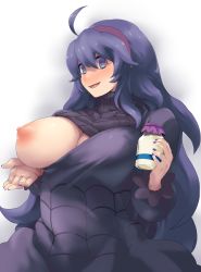 Rule 34 | 1girl, @ @, ahoge, alternate breast size, bags under eyes, blush, bottle, breasts, cleavage, creatures (company), dress, flashing, game freak, hairband, hex maniac (pokemon), highres, holding, holding bottle, large breasts, long hair, looking at viewer, looking back, messy hair, milk bottle, minakami (flyingman555), moomoo milk, nail polish, nintendo, nipples, one breast out, open mouth, pokemon, pokemon xy, purple dress, purple eyes, purple hair, purple hairband, shiny skin, simple background, smile, solo, sweatdrop, turtleneck, upper body, white background