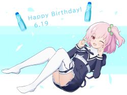 Rule 34 | 1girl, ;d, aqua background, assault lily, black ribbon, black skirt, blush, bottle, buttons, clover, commentary, cropped jacket, dated, double v, four-leaf clover, frilled skirt, frills, full body, hands up, happy birthday, high-waist skirt, highres, hitotsuyanagi riri, jewelry, juliet sleeves, knees up, leaning back, leg ribbon, long sleeves, looking at viewer, miniskirt, neck ribbon, no shoes, one eye closed, one side up, open mouth, pink eyes, pink hair, puffy sleeves, ramune, ribbon, ring, school uniform, shirt, short hair, sitting, skirt, smile, solo, suspender skirt, suspenders, teeth, thigh ribbon, thighhighs, tooto (40jjsqio2qnrklh), two-tone background, upper teeth only, v, white background, white shirt, white thighhighs, yurigaoka girls academy school uniform