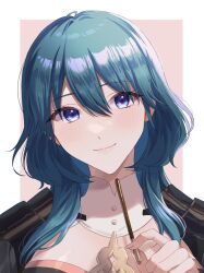 Rule 34 | 1girl, blue eyes, blue hair, blush, byleth (female) (fire emblem), byleth (fire emblem), detached collar, fire emblem, fire emblem: three houses, food, highres, holding, holding food, holding pocky, lips, looking at viewer, nintendo, pocky, smile, solo, tomo shirasu, upper body