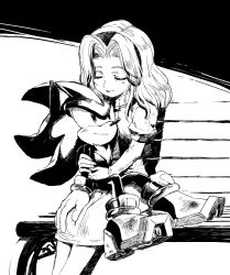 Rule 34 | 1girl, aoki (fumomo), bad id, bad pixiv id, bench, closed eyes, furry, furry female, furry male, furry with non-furry, gloves, greyscale, hug, interspecies, layered sleeves, long hair, maria robotnik, monochrome, shadow the hedgehog, simple background, sitting, sitting on lap, sitting on person, smile, sonic (series), white background