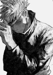 Rule 34 | 1boy, blindfold, blindfold lift, blue eyes, closed mouth, gojou satoru, greyscale, hand up, highres, jacket, jujutsu kaisen, kuwoniagyu11112, long sleeves, looking at viewer, male focus, monochrome, short hair, simple background, solo, spot color