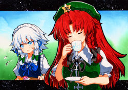 Rule 34 | 2girls, :o, bad id, bad pixiv id, beret, black bow, black ribbon, blue background, blue hair, blue ribbon, blue vest, blush, bow, braid, breasts, buttons, closed eyes, collared shirt, cup, dress shirt, drinking, flying sweatdrops, green background, green bow, green headwear, green vest, hair bow, hat, holding, holding cup, holding saucer, holding tray, hong meiling, izayoi sakuya, light blue hair, long hair, maid, maid headdress, medium breasts, medium hair, multicolored background, multiple girls, neck ribbon, puffy short sleeves, puffy sleeves, qqqrinkappp, red hair, ribbon, saucer, shirt, short sleeves, star (symbol), sweatdrop, tea set, teacup, touhou, traditional media, tray, twin braids, upper body, vest, white shirt