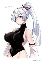 Rule 34 | 1girl, backless outfit, bare shoulders, breasts, detached sleeves, fate/grand order, fate (series), frown, groin, hair ornament, large breasts, ponytail, red eyes, silver hair, simple background, solo, takatsuki ichi, tomoe gozen (fate), white background