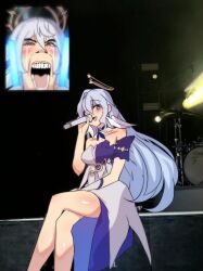 Rule 34 | 1boy, 1girl, :d, aqua eyes, bare legs, bare shoulders, blue hair, blush, breasts, brother and sister, commentary, crying, crying with eyes open, detached sleeves, dress, feet out of frame, highres, hinghoi, holding, holding microphone, honkai: star rail, honkai (series), long hair, looking at viewer, microphone, open mouth, robin (honkai: star rail), short sleeves, siblings, sitting, small breasts, smile, sunday (honkai: star rail), tears, thighs, very long hair, white dress