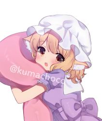 Rule 34 | 1girl, :o, animal ear fluff, back bow, blonde hair, blush, bow, breasts, dress, from side, hat, highres, hugging object, kemonomimi mode, looking at viewer, maribel hearn, medium hair, mob cap, open mouth, orange eyes, pillow, pillow hug, puffy short sleeves, puffy sleeves, purple bow, purple dress, short sleeves, simple background, small breasts, solo, swept bangs, teeth, touhou, upper body, upper teeth only, white background, white hat, yadoyuki
