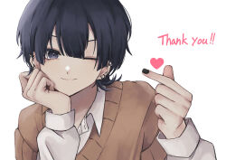 Rule 34 | !, !!, 1boy, absurdres, black eyes, black hair, black nails, blunt bangs, brown sweater vest, closed mouth, collared shirt, ear piercing, english text, finger heart, fingernails, hand on own cheek, hand on own face, hand up, heart, highres, long sleeves, looking at viewer, male focus, mukomaru, nail polish, one eye closed, open collar, original, piercing, shirt, short hair, simple background, smile, solo, sweater vest, thank you, upper body, white background, white shirt