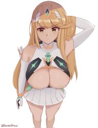 Rule 34 | 1girl, blonde hair, breasts, cleavage, dayman, daymandraws, gem, glowing, hair ornament, headpiece, highres, jewelry, large breasts, long hair, mythra (xenoblade), skirt, tiara, underboob, xenoblade chronicles (series), xenoblade chronicles 2, yellow eyes